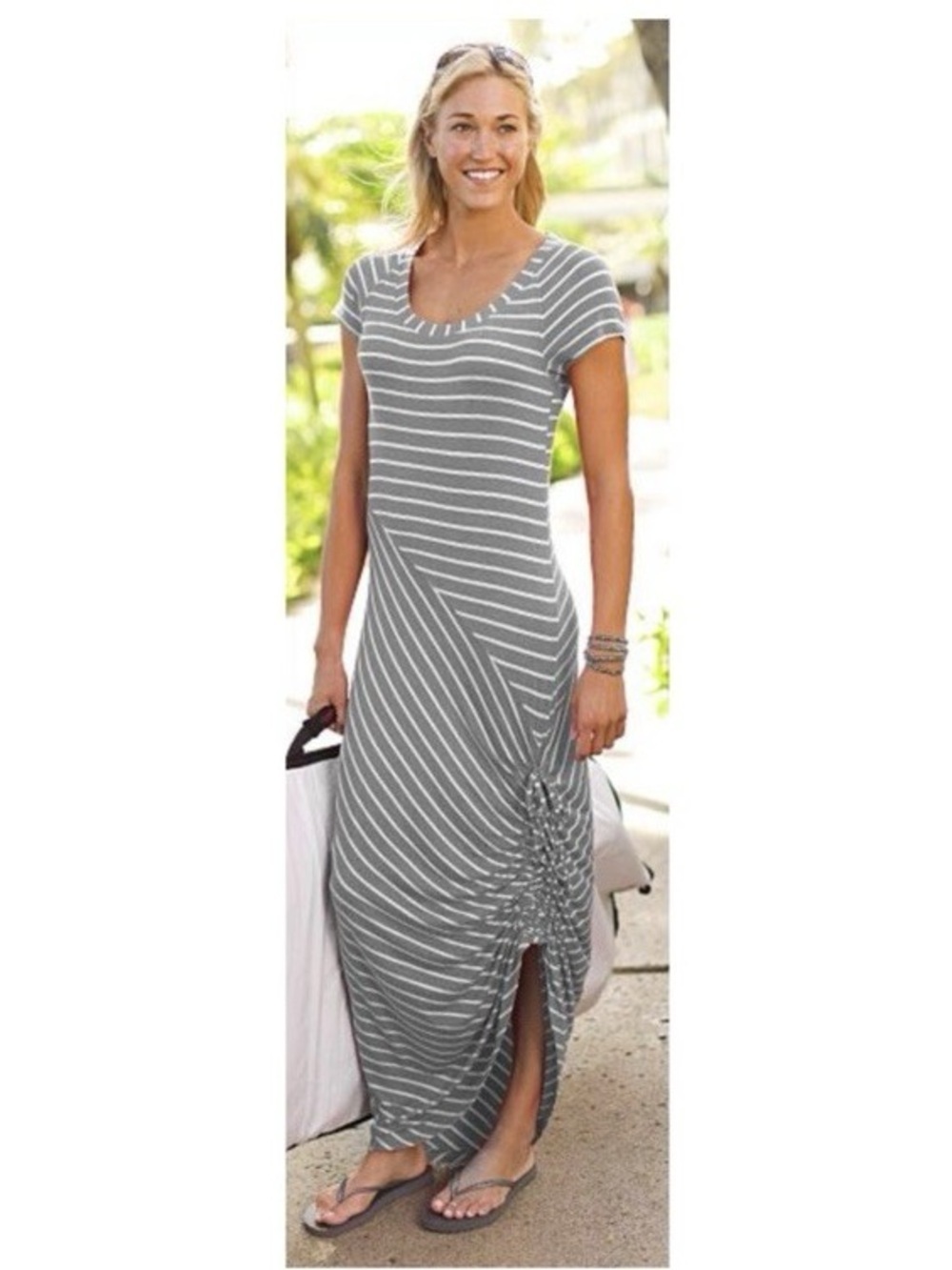 Athleta Gray & White Striped Short-Sleeve Maxi Dress